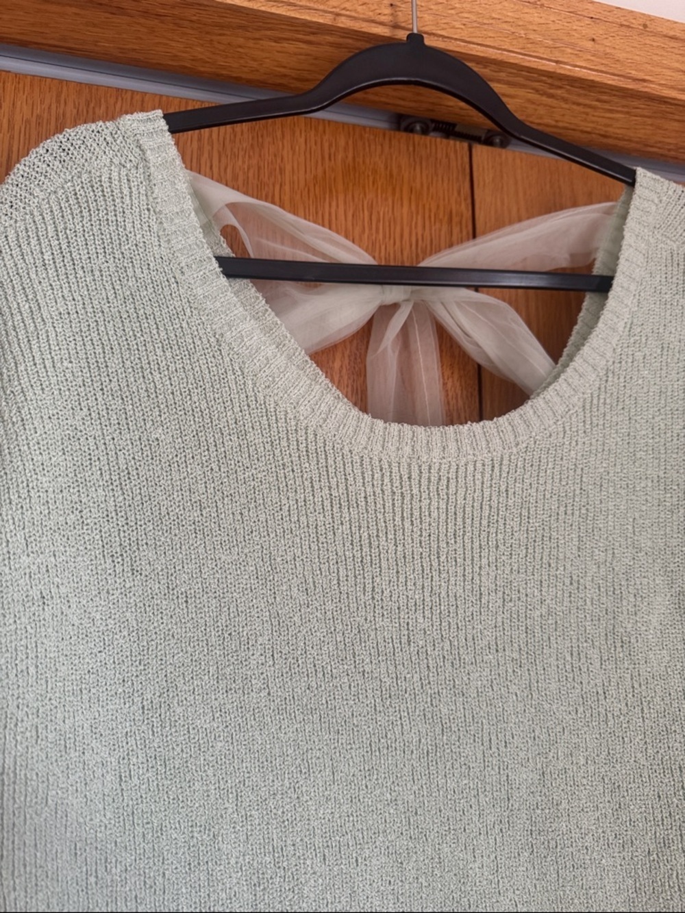 Boutique Blu Pepper Light Sage Green Short Sleeve Knit Top with Back Tie - Picture 2 of 4